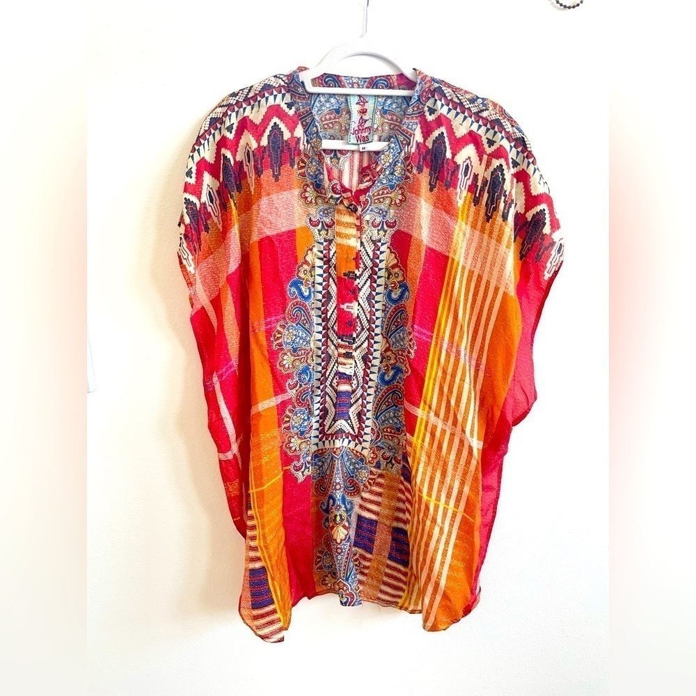 Johnny Was Red Orange Paisley abstract printed multi color silk Poncho M